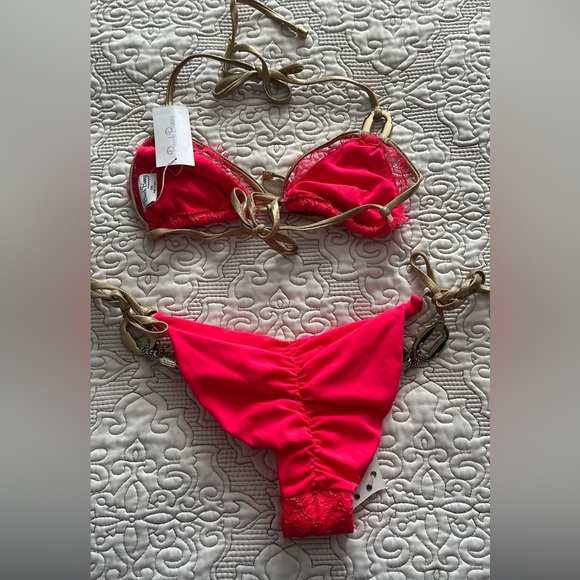 Beach Bunny Salmon Pink/Gold 2 Piece Bikini Set - Picture 2 of 3